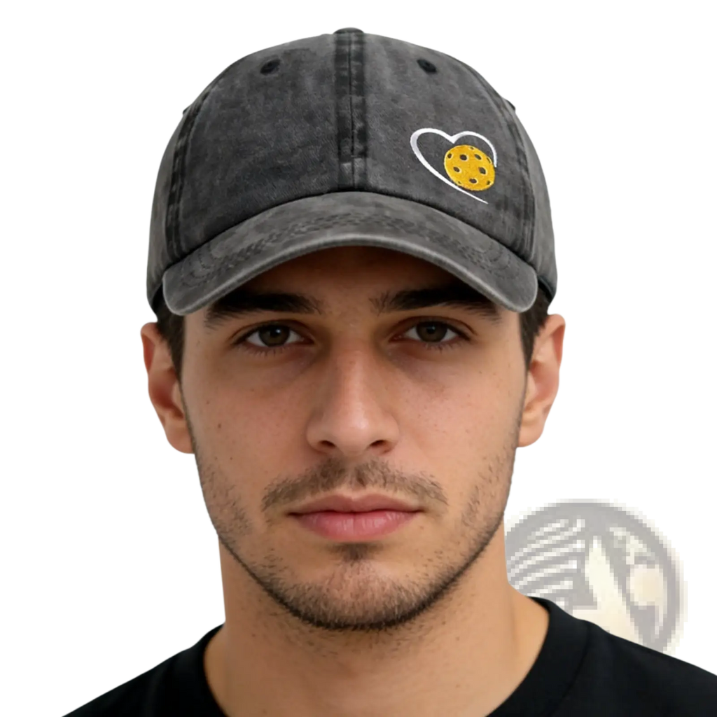 Dark gray distressed cotton baseball cap with white heart embroidery featuring a yellow cookie design for pickleball fans