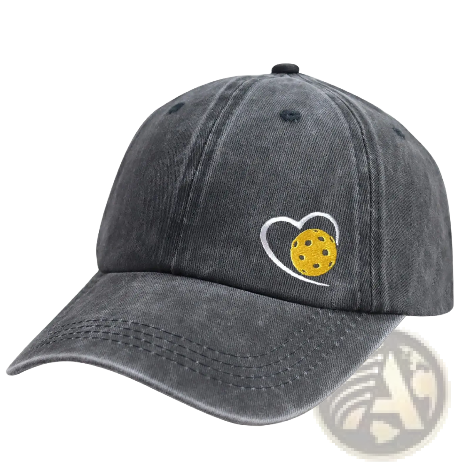 Dark gray distressed cotton baseball cap with a white embroidered heart and yellow pickleball design