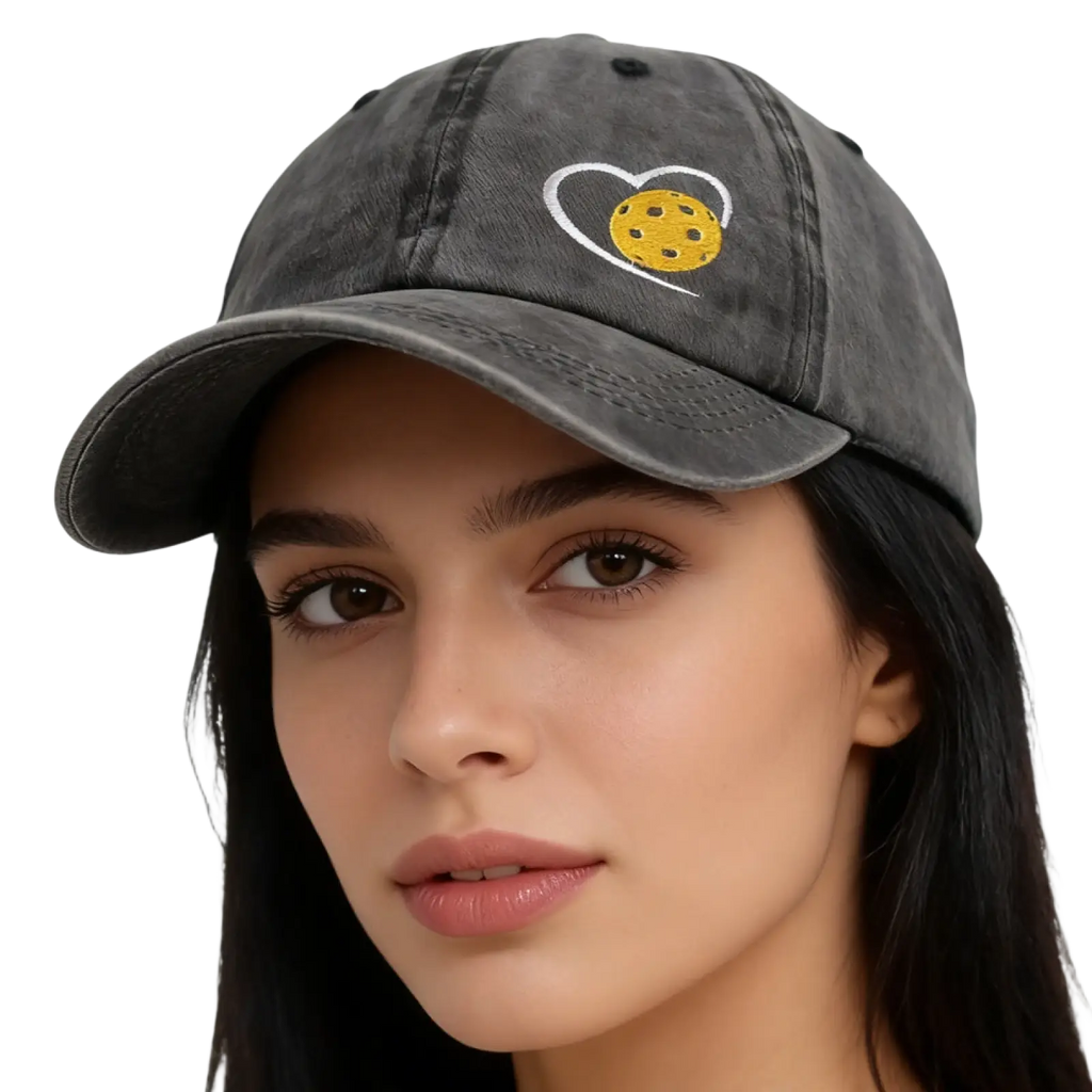 A dark gray distressed cotton baseball cap with a white embroidered heart and yellow pickleball design