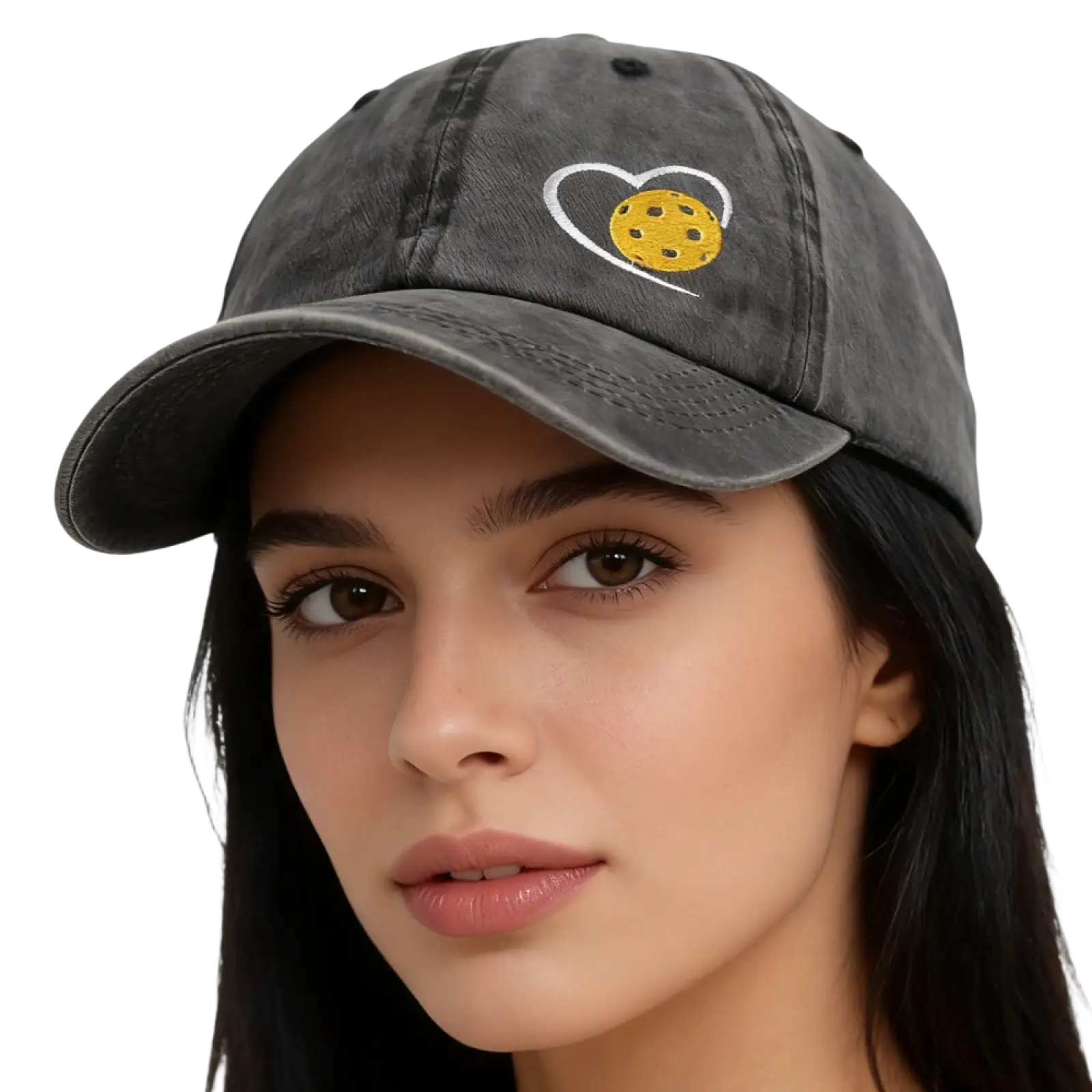 A dark gray distressed cotton baseball cap with a white embroidered heart and yellow pickleball design