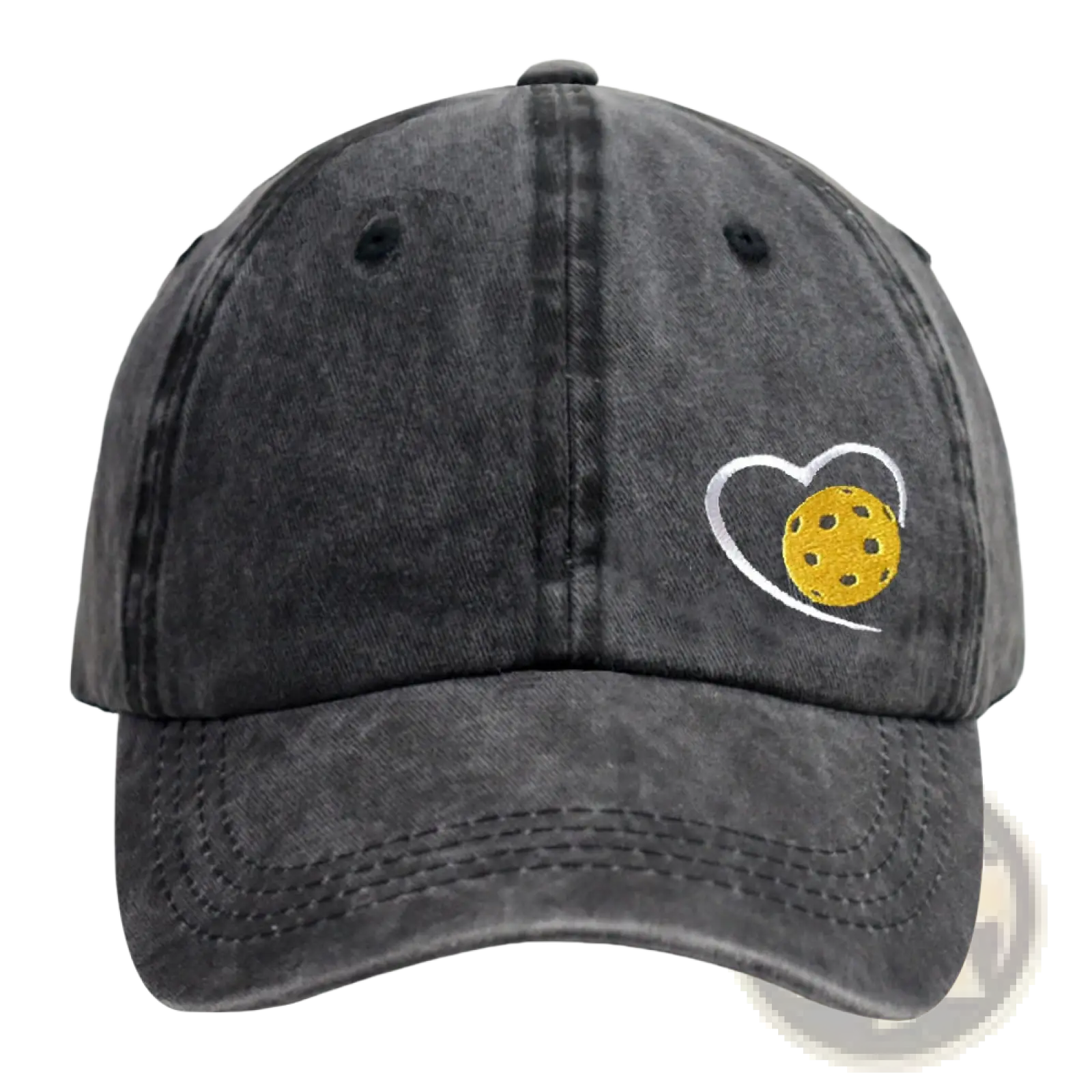 A dark gray distressed cotton baseball cap featuring a white embroidered heart outline with a yellow pickleball inside