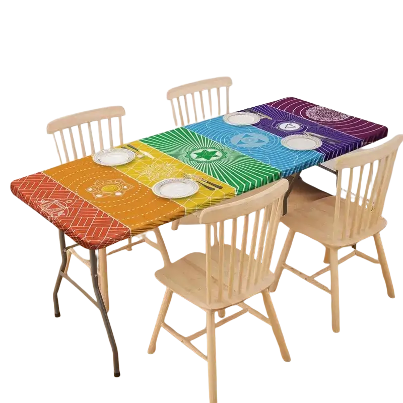 Picnic table cover featuring a fitted rainbow polyester design with chakra-themed geometric patterns for picnic tables