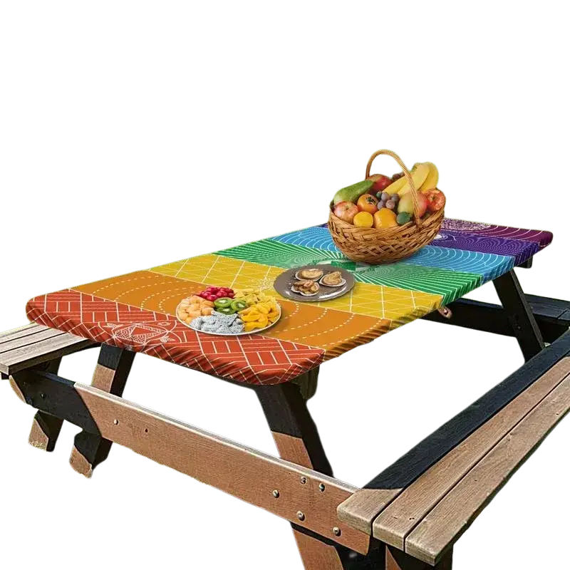 Rainbow-colored geometric fitted polyester picnic table cover designed for outdoor picnic tables