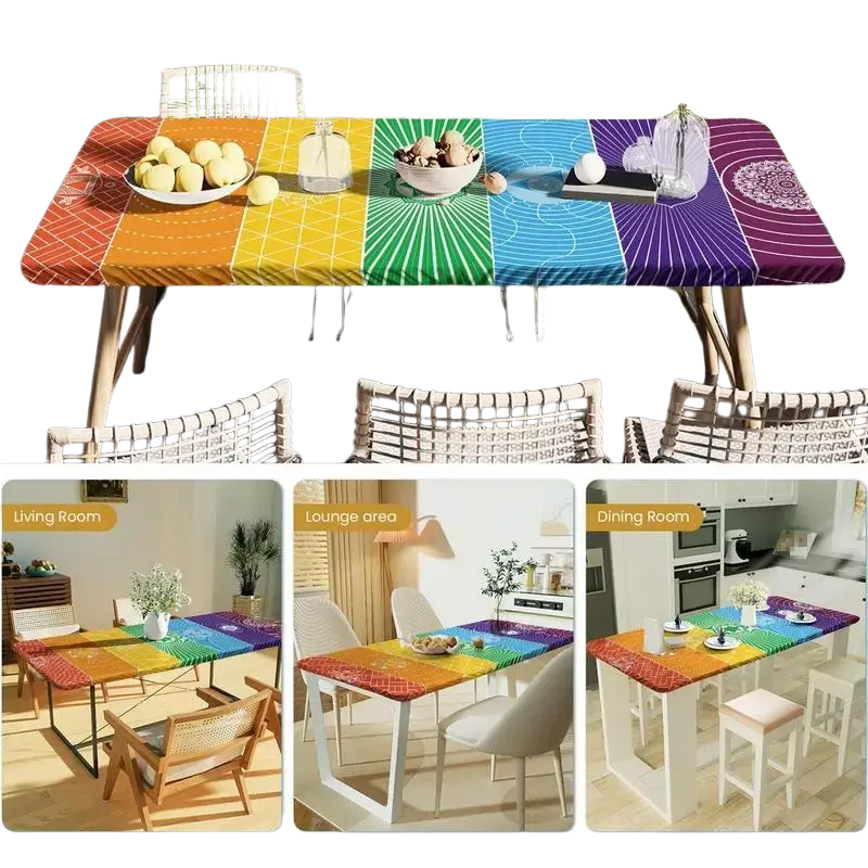 Picnic table cover with geometric and radial rainbow patterns made of fitted polyester for picnic tables