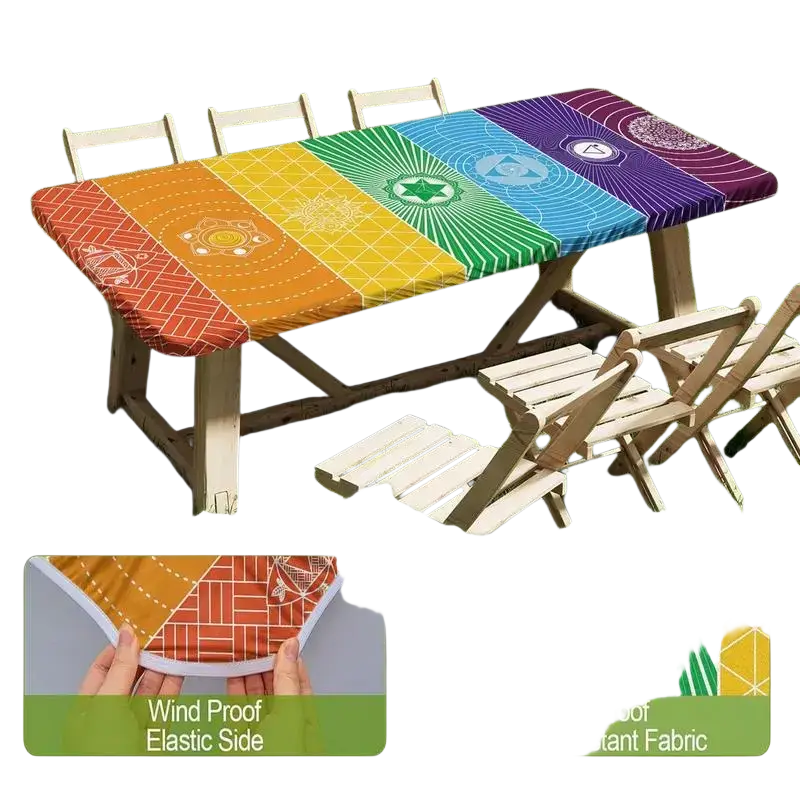 Rainbow-colored geometric fitted picnic table cover made of wrinkleproof polyester with elastic sides for secure fit