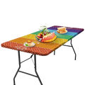 Rainbow-patterned foldable picnic table with vibrant multicolored geometric picnic table cover made of polyester