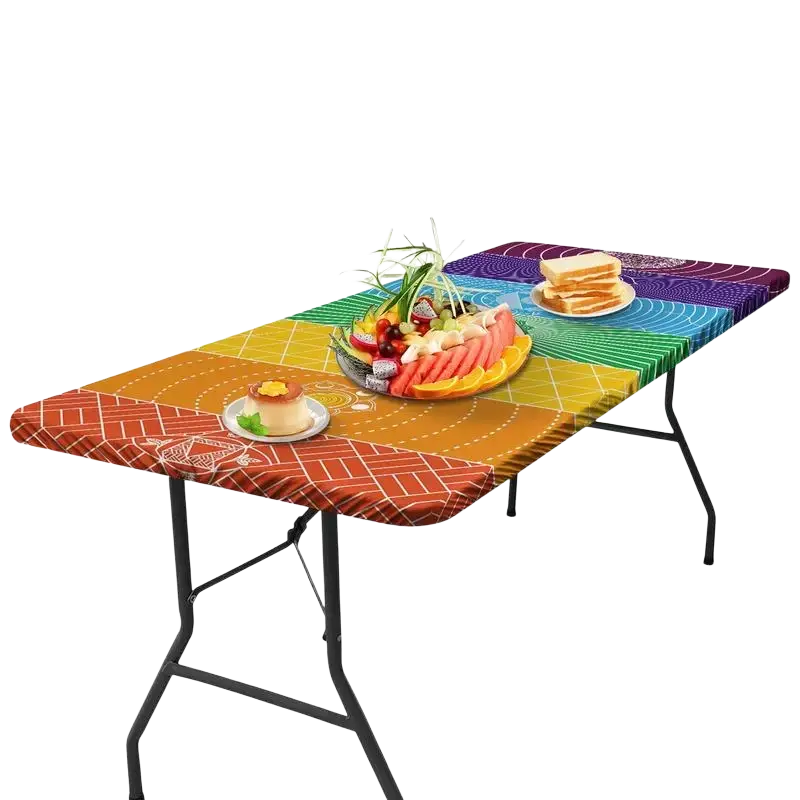 Rainbow-patterned foldable picnic table with vibrant multicolored geometric picnic table cover made of polyester
