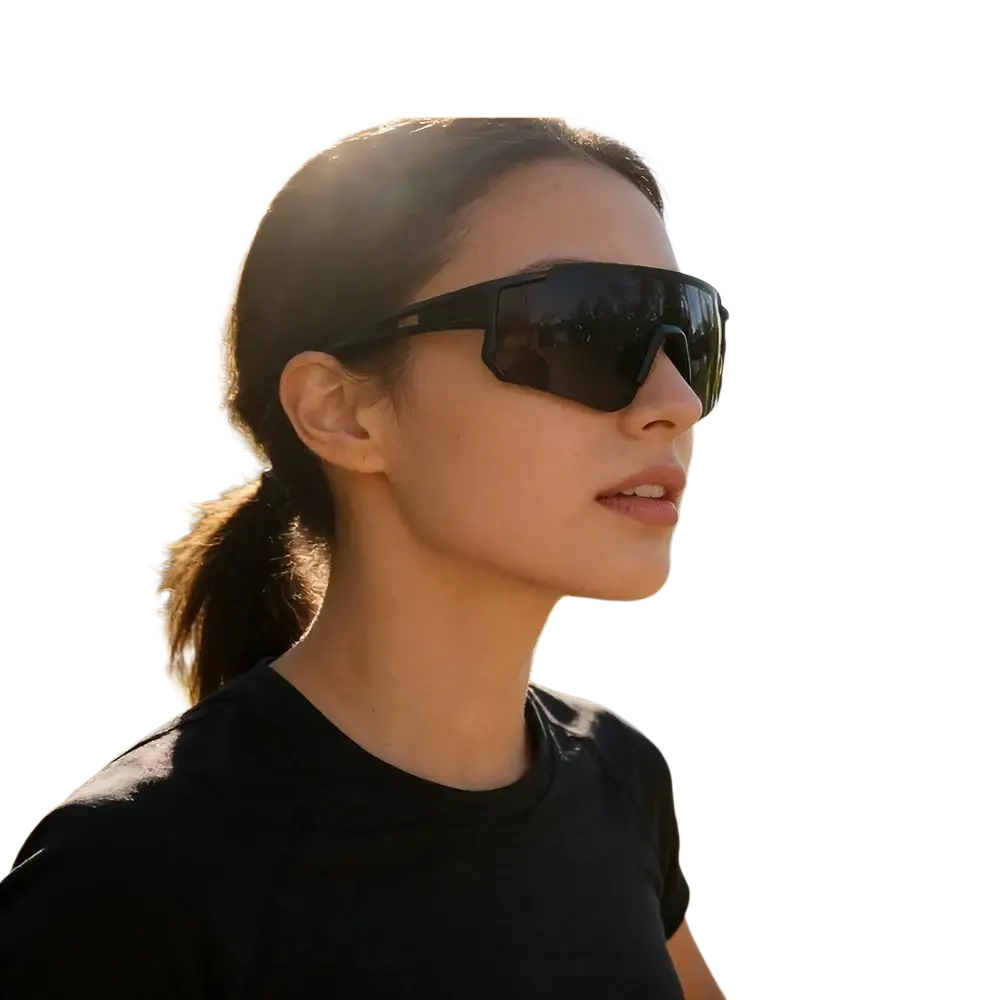 Black framed one-piece bicycle windscreen sport sunglasses with dark mirrored lenses made in mainland china