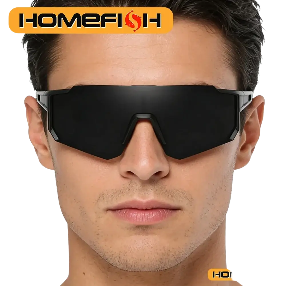 Black matte-finish sport sunglasses with sleek angular frame and wide lens for one-piece bicycle windscreen use from mainland china