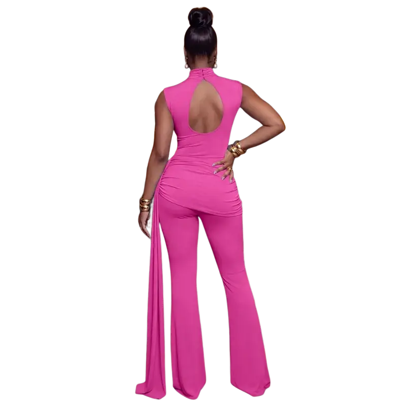 A vibrant fuchsia sleeveless piece sets woman jumpsuit with ruched high neck, open back, flare legs, and zipper closure type