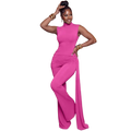 A vibrant fuchsia sleeveless ruched high neck jumpsuit with side slit and flare legs in piece sets woman outfits