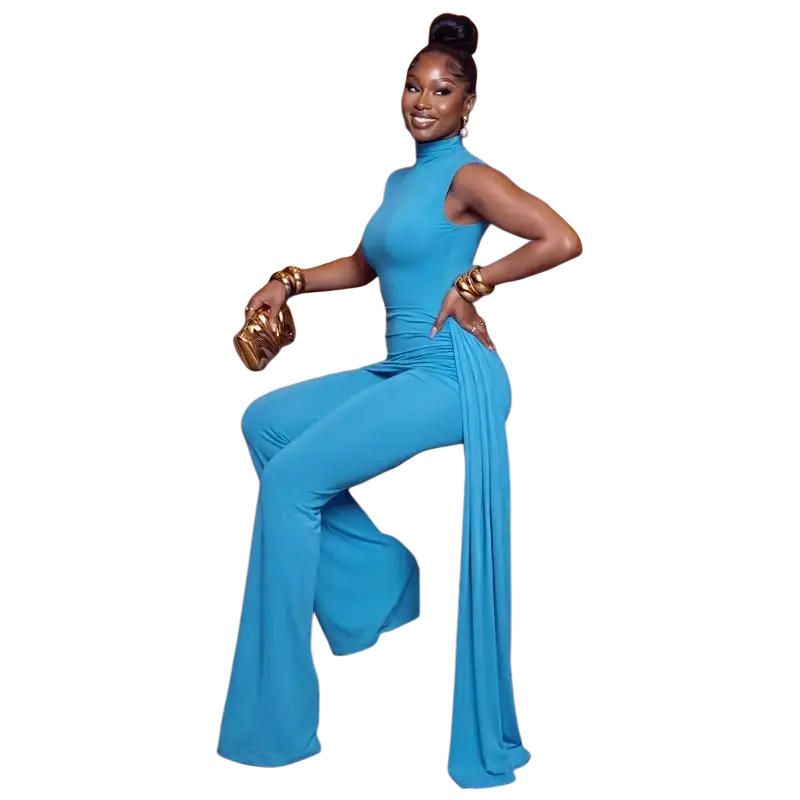 A vibrant turquoise ruched high neck jumpsuit with flared legs featuring a zip closure piece sets woman outfit