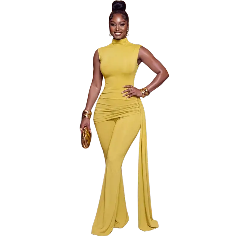 A vibrant yellow sleeveless high neck flared jumpsuit with ruched waist and side slit in piece sets woman closure type