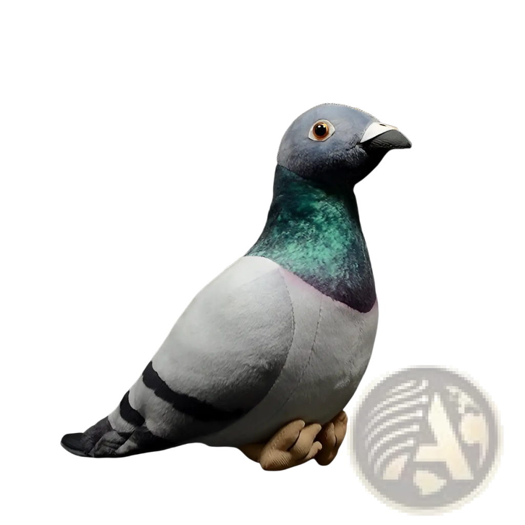 Pigeon plush toy 19cm with gray body, green iridescent neck, black wing stripes, and tan feet soft doll