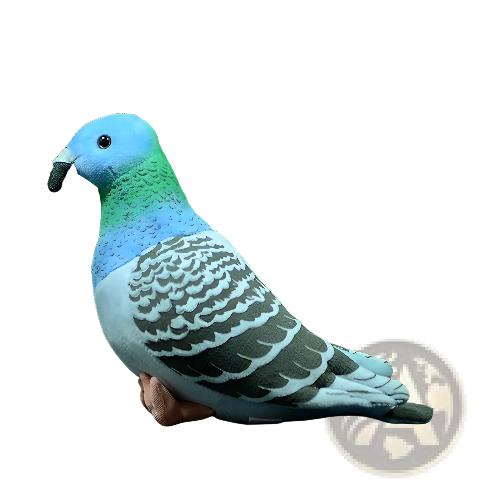 A plush pigeon toy 19cm with a blue head green neck and gray and white patterned wings