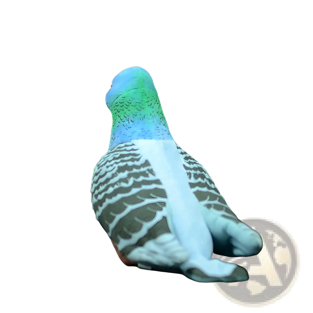 A detailed glossy pigeon plush toy 19cm with iridescent blue green head and white gray patterned wings