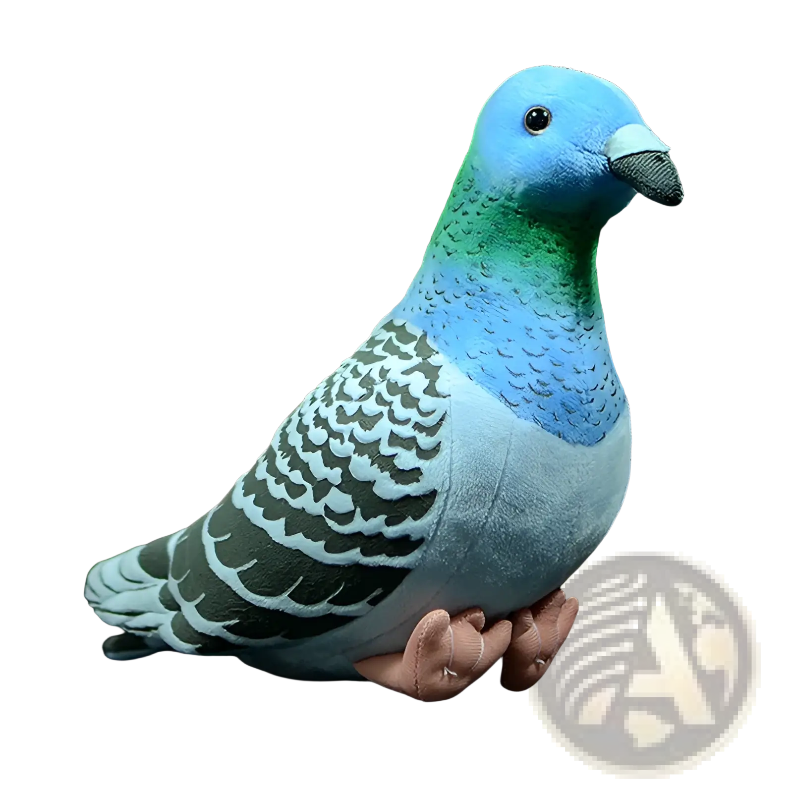 A 19cm pigeon plush toy with a blue head, green neck, and gray and white patterned wings soft bird doll