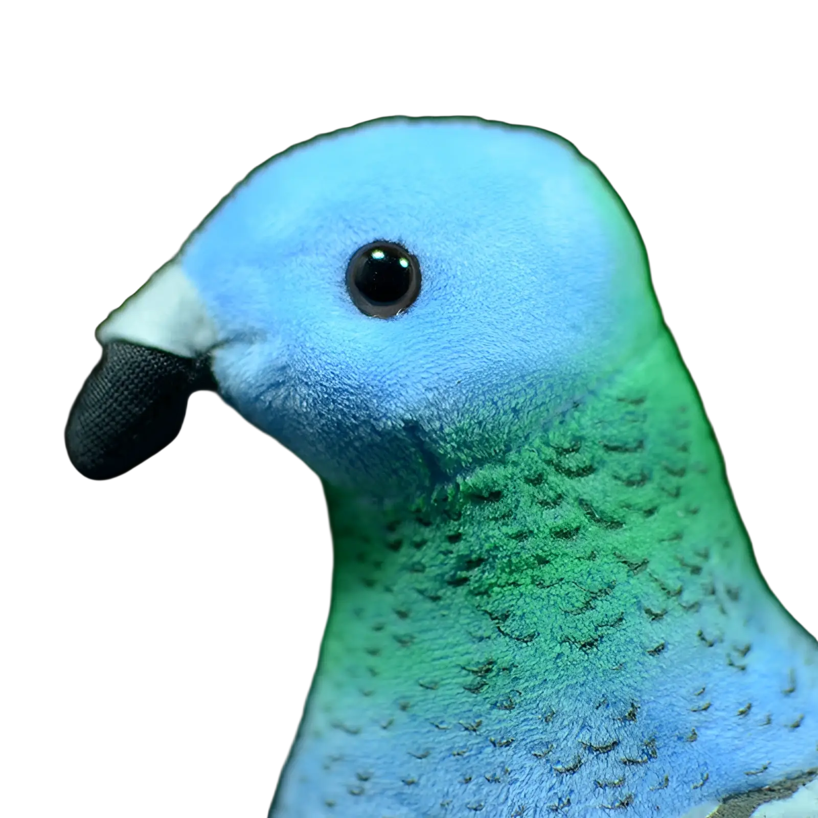 A plush blue and green pigeon toy with soft textured surface and black bead eye measuring 19cm