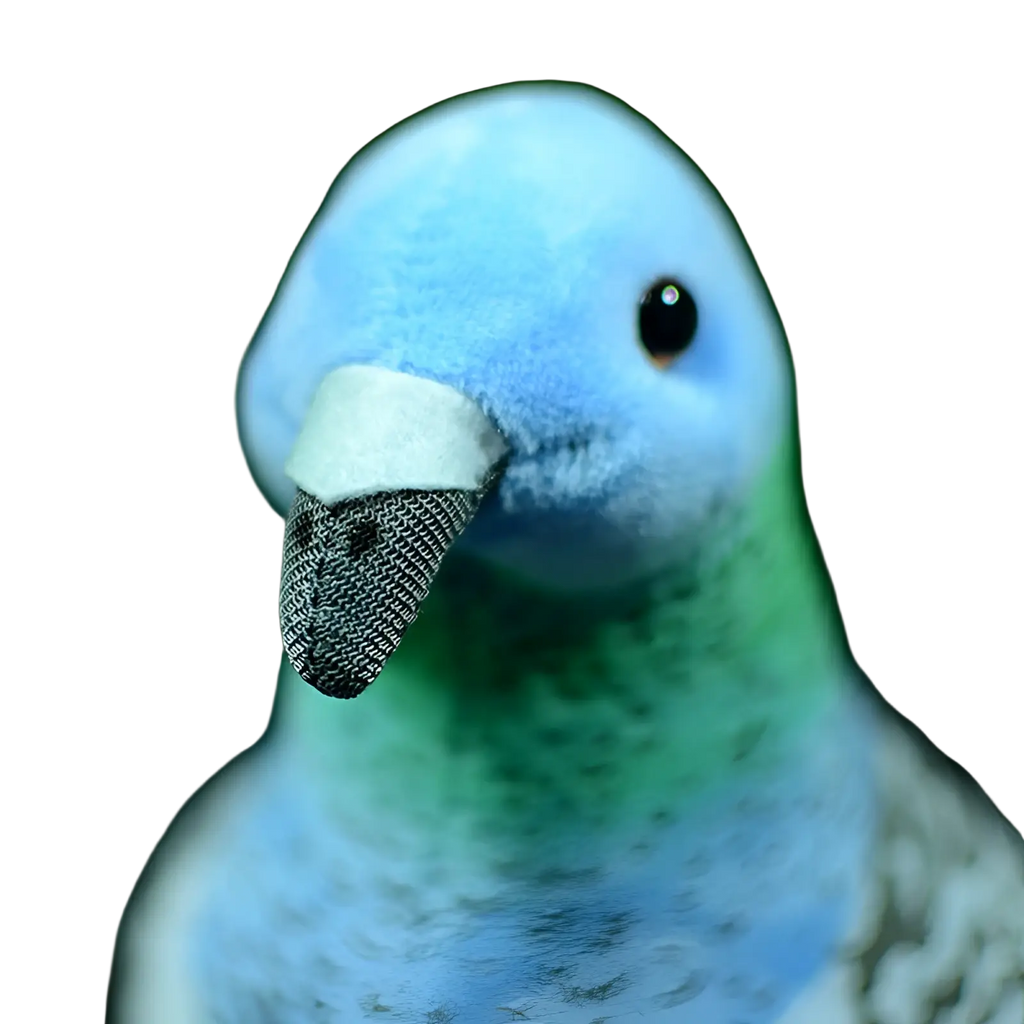 A plush pigeon toy 19cm featuring blue and green fabric with a textured gray beak for decorative or play use