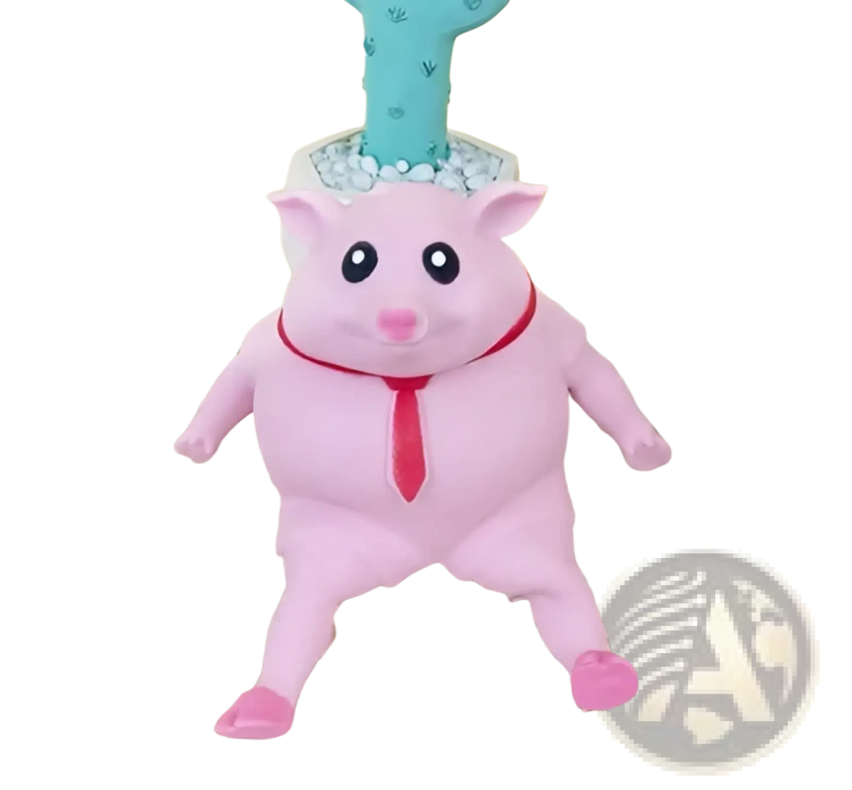 Pink pig squeeze toy stress relief gift with turquoise cactus on head and red tie for cute decor and stress relief