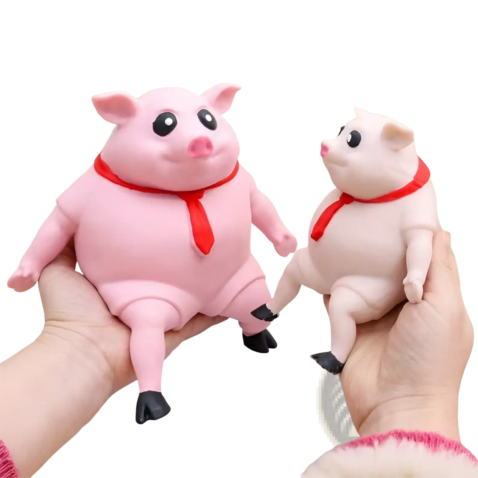 Pink and white plastic piggy squeeze toy with red scarves for stress relief and cute pink pig gift
