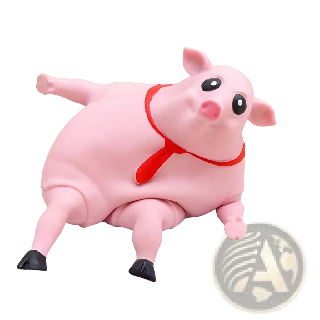 Pink plastic piggy squeeze toy with black eyes pink nose and red collar for stress relief and gift purposes