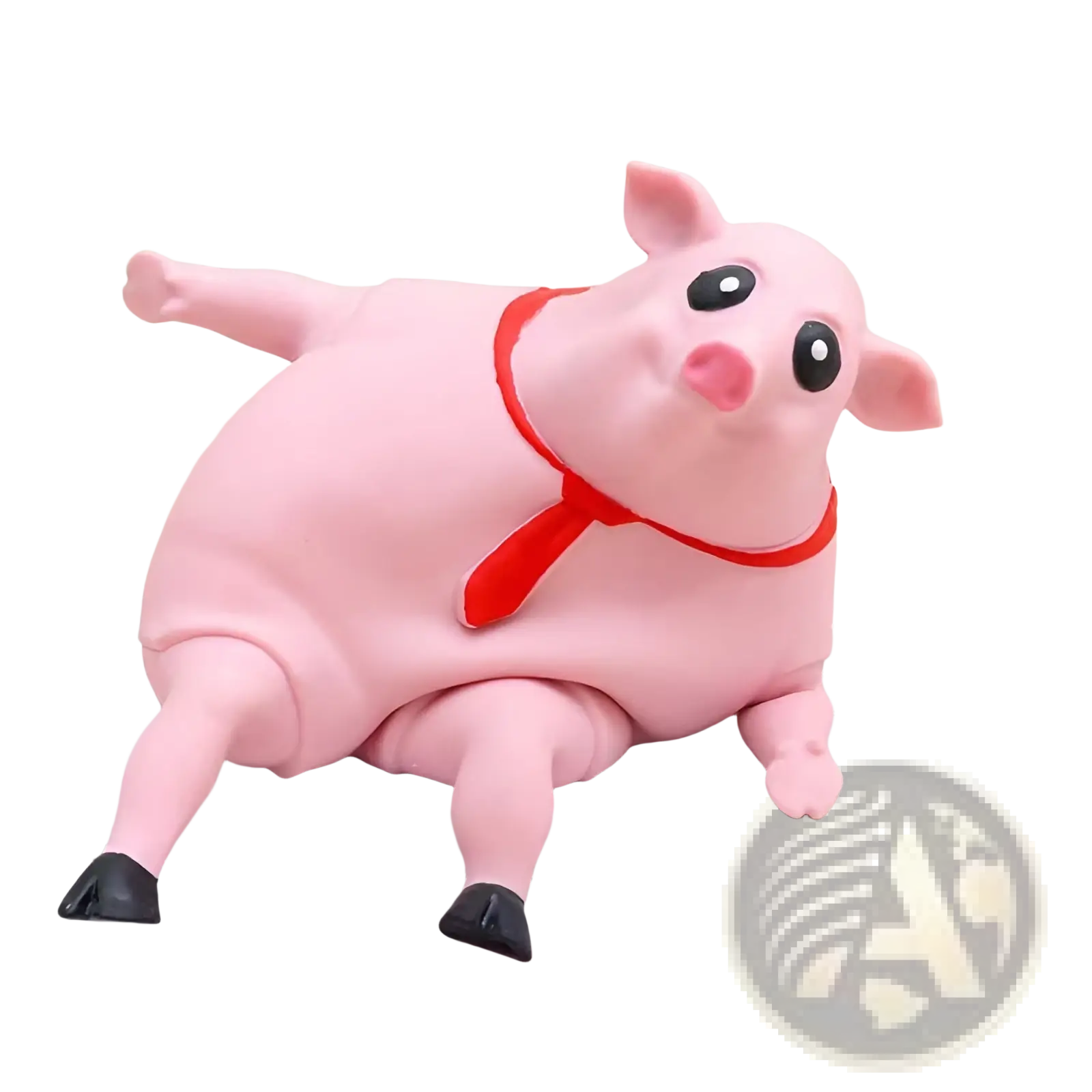 Pink plastic piggy squeeze toy with black eyes pink nose and red collar for stress relief and gift purposes