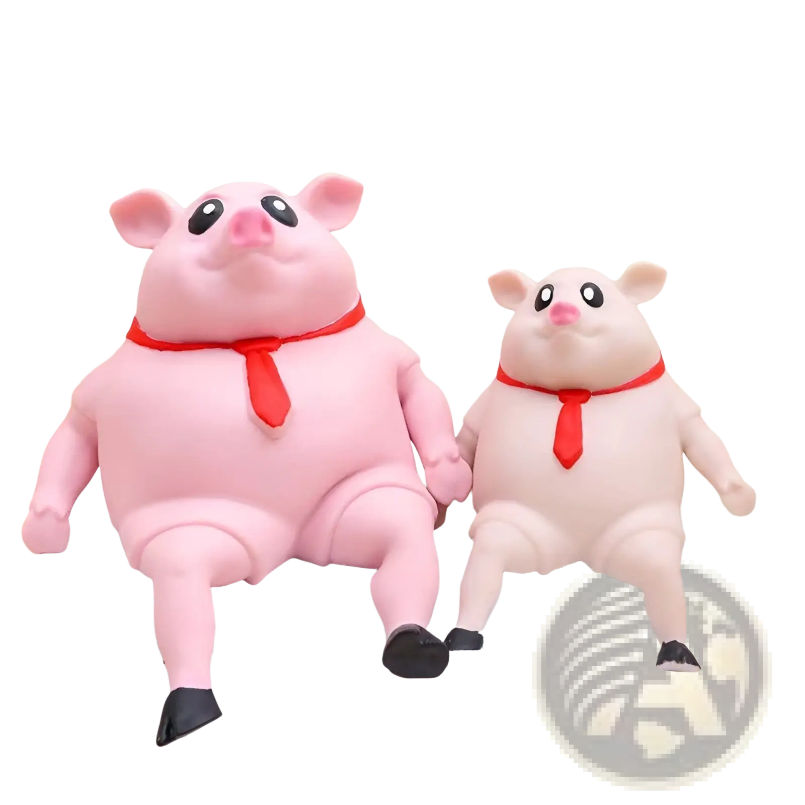 Pink pig squeeze toy stress relief figurines with red ties and black shoes sitting on stacked books