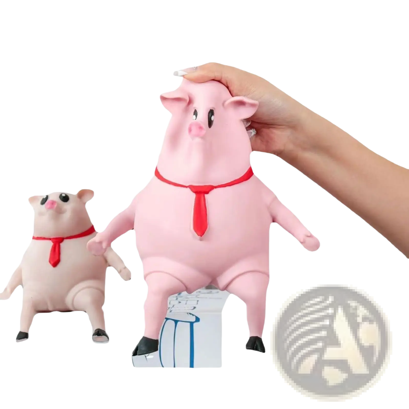 Pink rubber pig stress reliever with red tie and black shoes for stress relief and as a cute gift toy