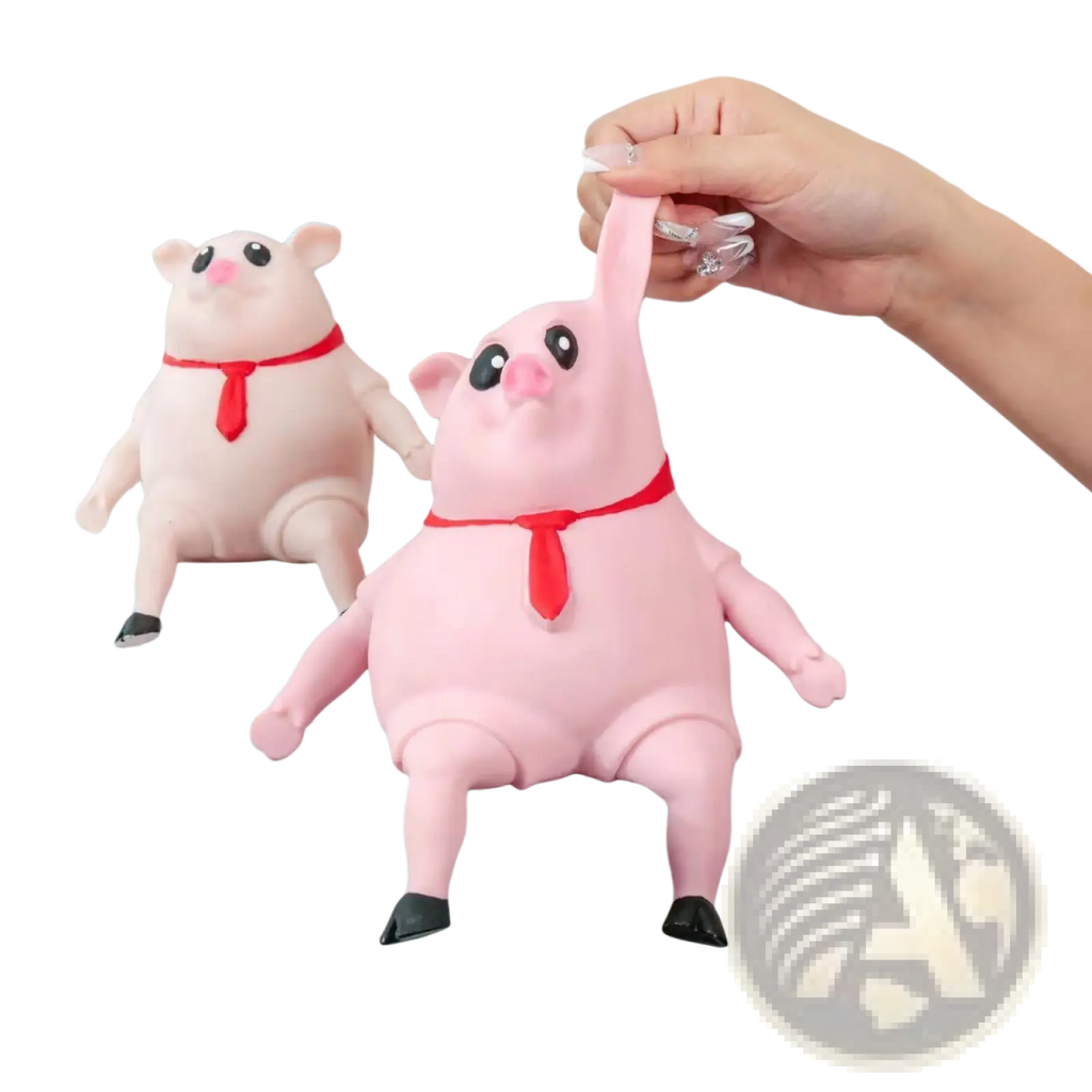 Pink pig squeeze toy stress relief figurine with black eyes red tie and black feet for cute gift