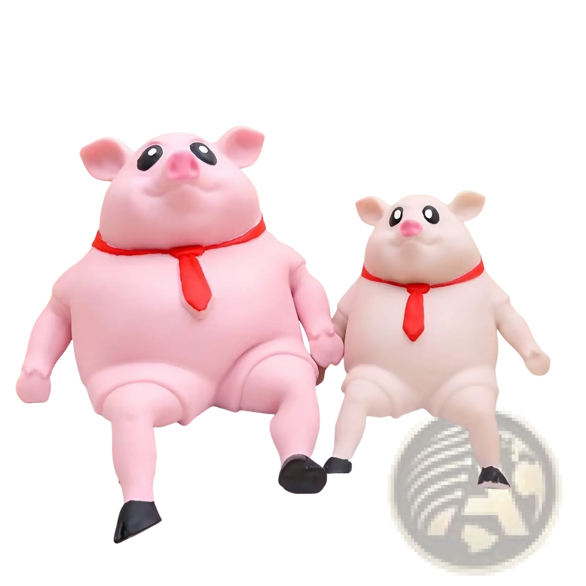 Pink pig squeeze toy stress relief figurines with red ties and black shoes sitting on stacked books gift idea