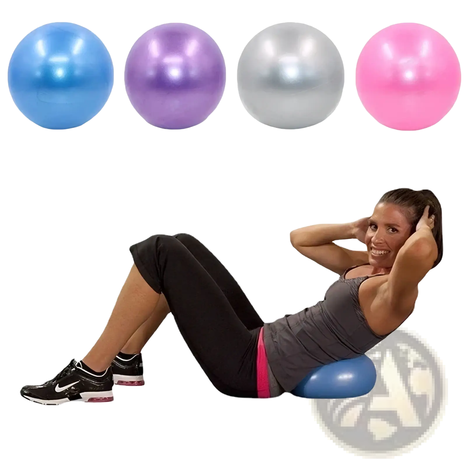 Blue pilates ball 25cm with a smooth glossy surface designed for explosion proof yoga core fitness exercises