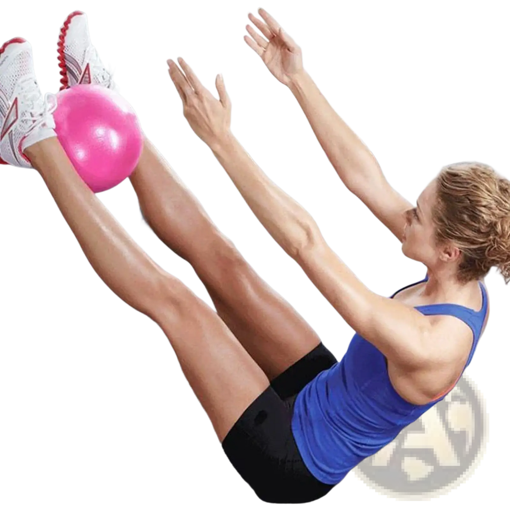 Pink explosion proof pilates ball 25cm resting on a person’s foot for yoga and core fitness exercises