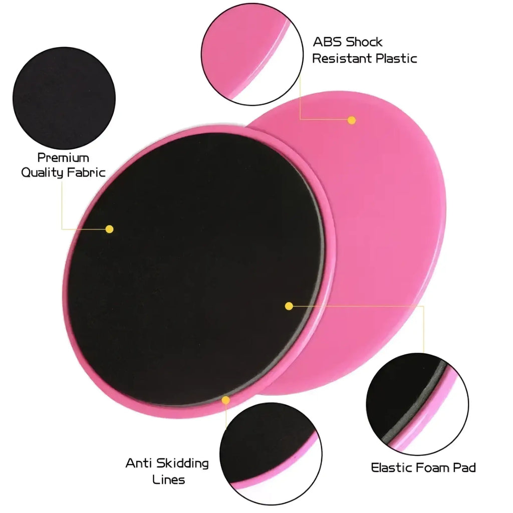 Pink and black Pilates core sliders exercise gliding disc with shock-resistant plastic rim and premium fabric surface