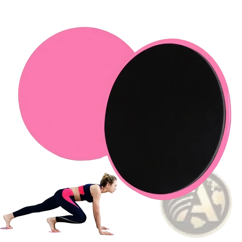Pink circular pilates core slider with black textured surface for exercise gliding discs and core workouts