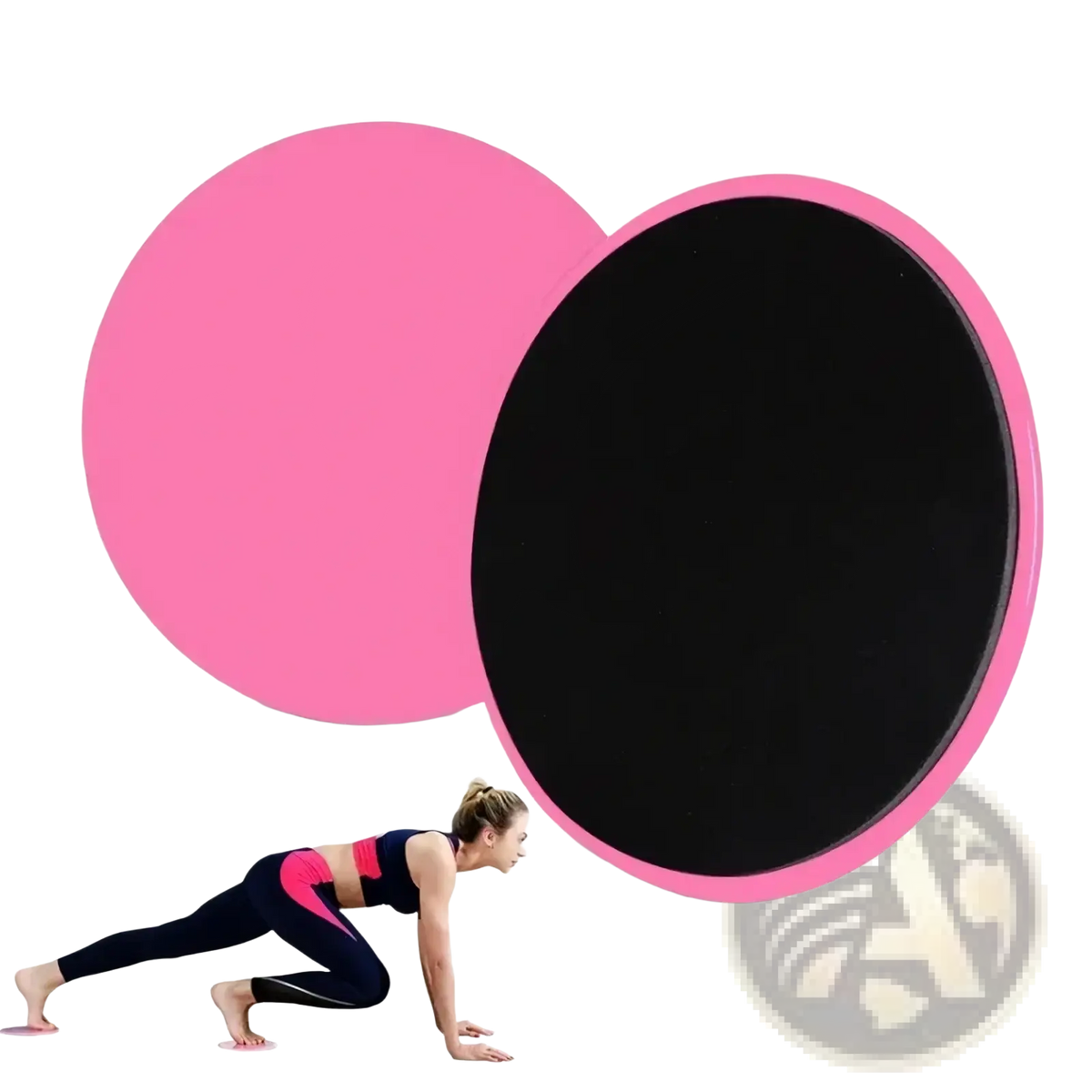 Pink circular pilates core slider with black textured surface for exercise gliding discs and core workouts