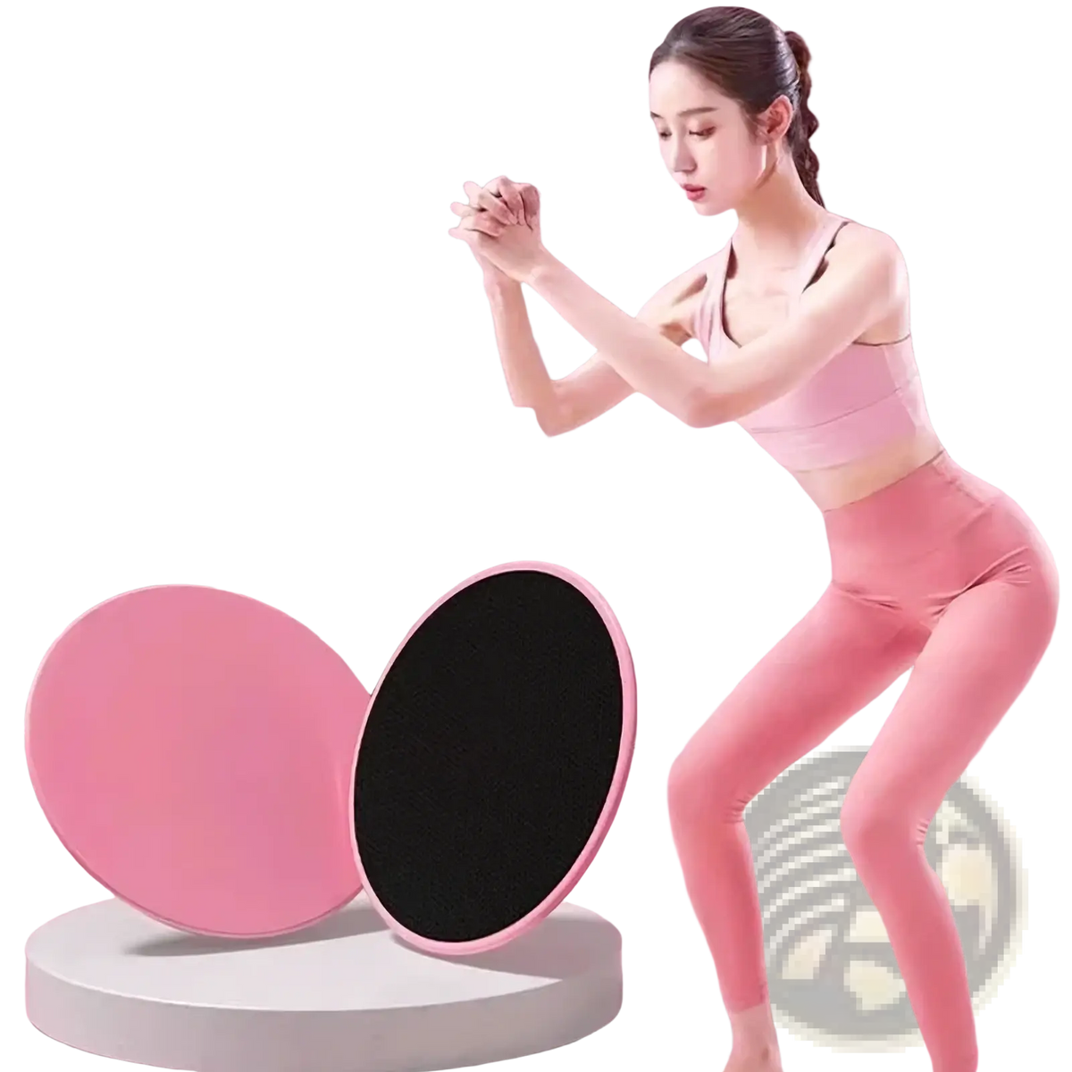 Pink Pilates core slider exercise gliding disc with black textured surface for full-body core stability exercises