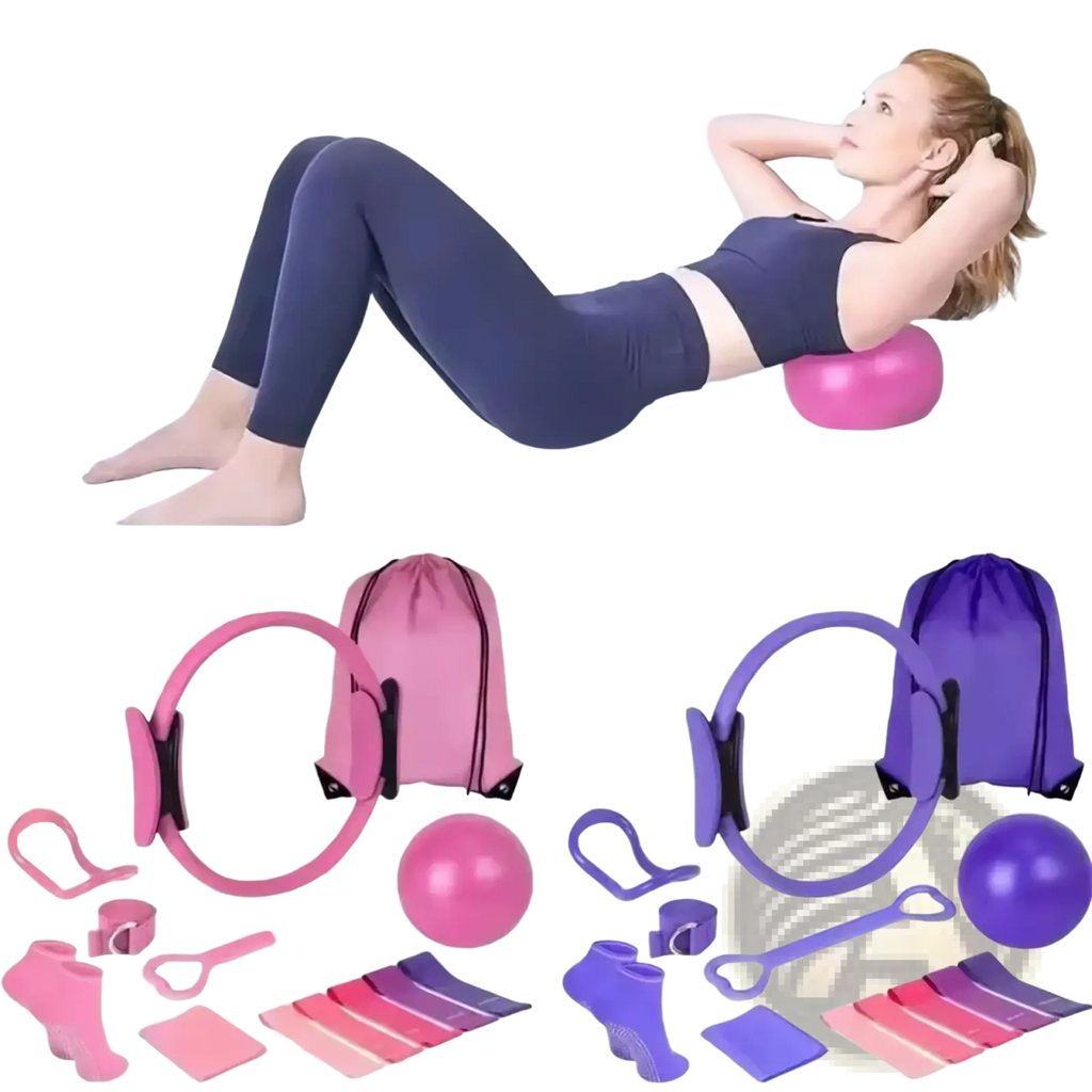Pink and purple 13-piece pilates equipment kit with ring ball resistance bands foot straps and matching drawstring bags