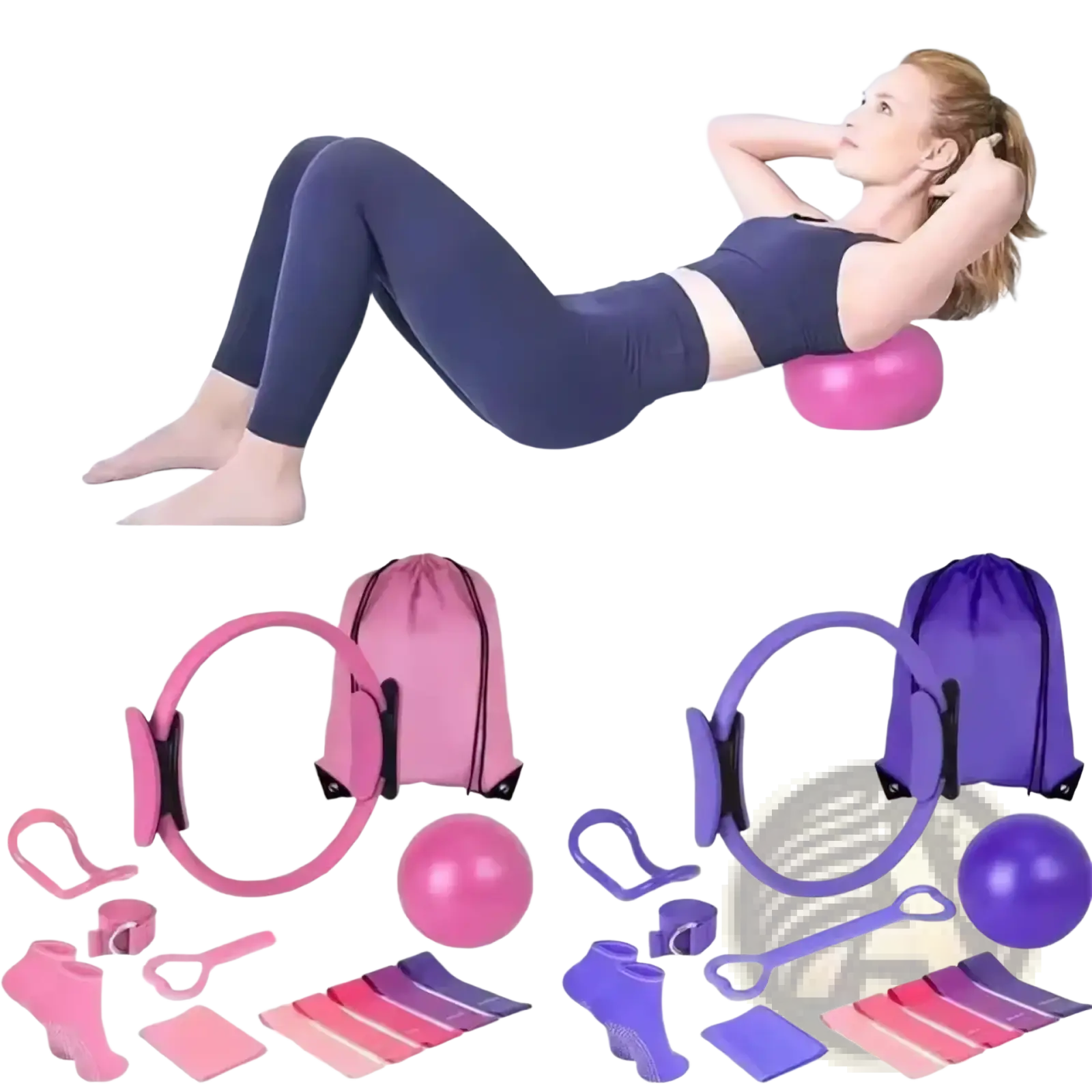 Pink and purple 13-piece pilates equipment kit with ring ball resistance bands foot straps and matching drawstring bags