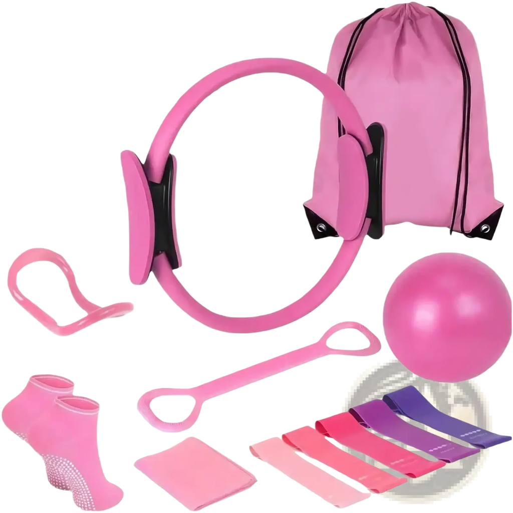 Pink pilates ring with black adjustable straps and padded handles included in pilates equipment kit 13-piece fitness set