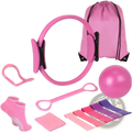 Pink pilates ring with black adjustable straps and padded handles included in pilates equipment kit 13-piece fitness set