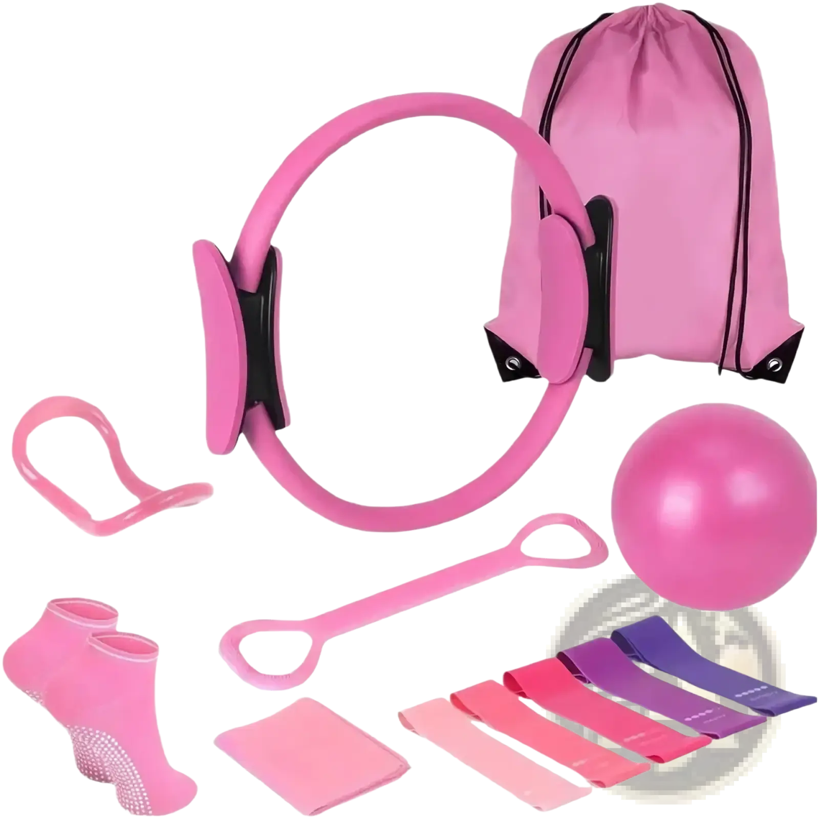 Pink pilates ring with black adjustable straps and padded handles included in pilates equipment kit 13-piece fitness set