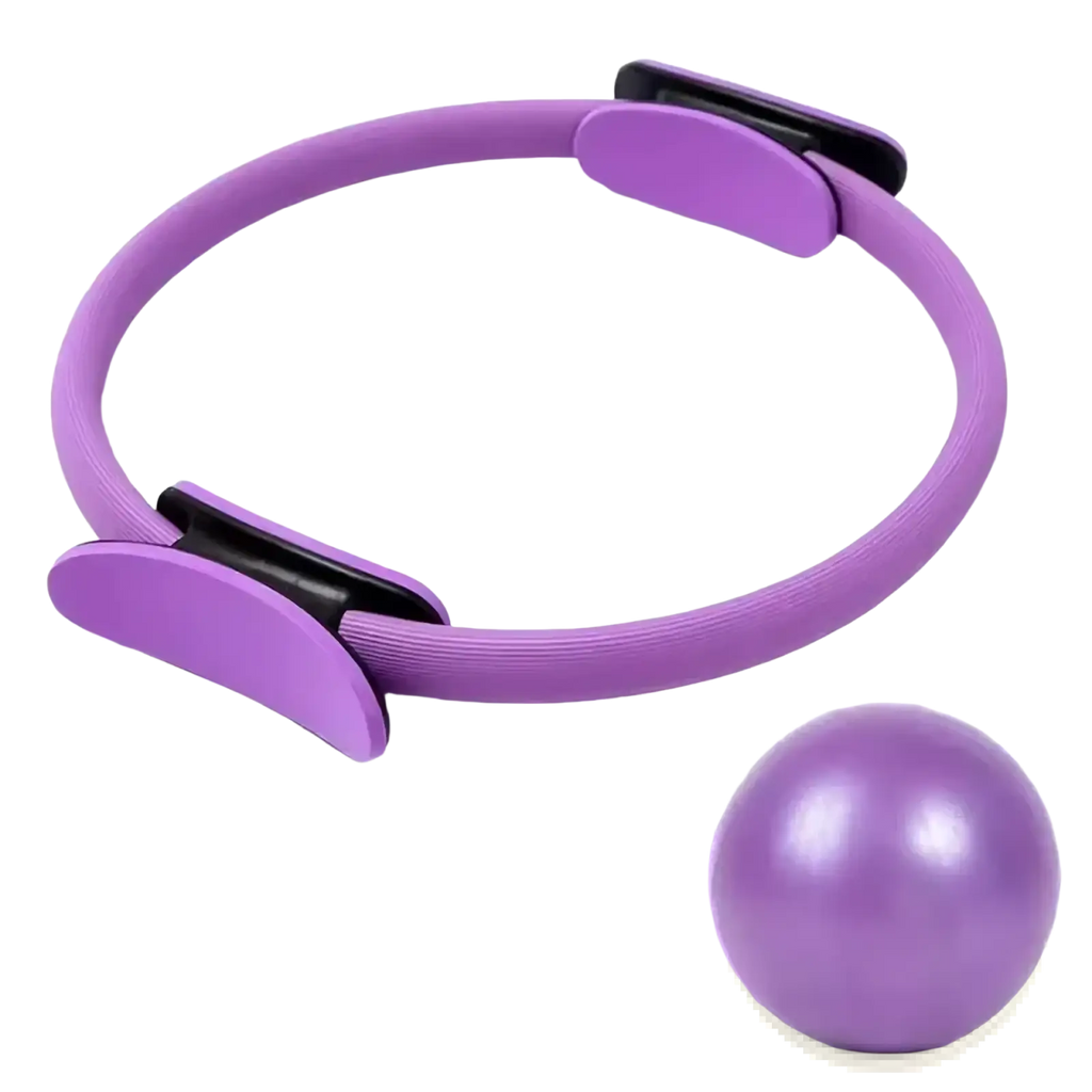 Purple pilates magic circle with black plastic clamps and matching purple 25cm pilates ball in fitness set