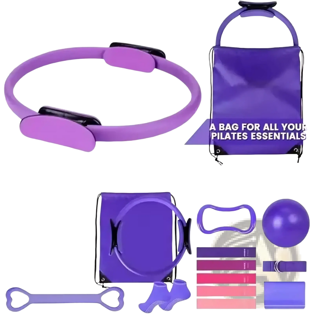 Purple pilates ring with black adjustable straps from pilates equipment kit 13-piece fitness set for resistance training