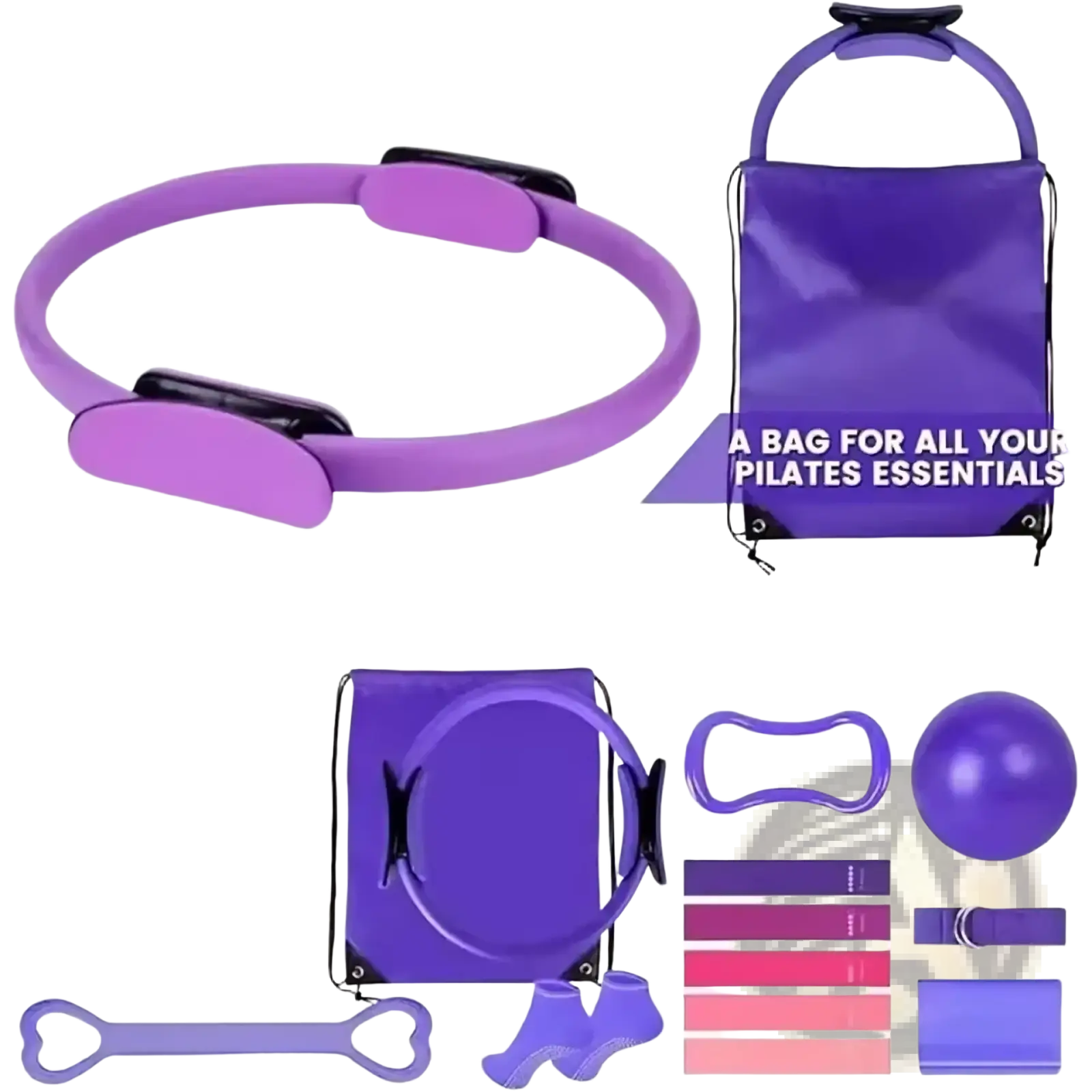 Purple pilates ring with black adjustable straps from pilates equipment kit 13-piece fitness set for resistance training