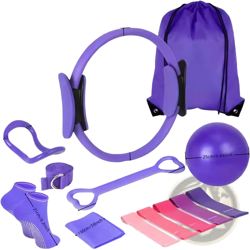 Purple pilates ring with black adjustable straps and measurement markings in a 13-piece pilates equipment kit