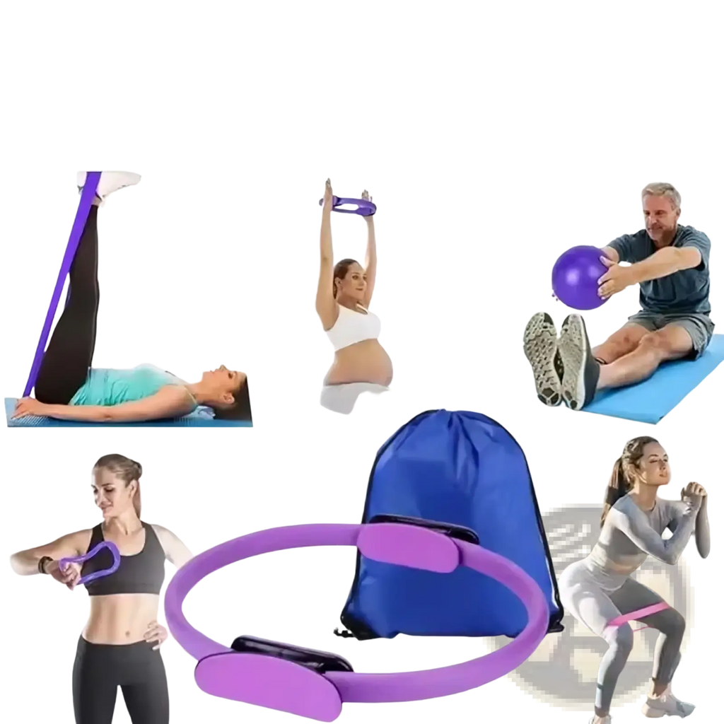 Purple pilates ring with black electronic component and blue drawstring bag in pilates equipment kit 13-piece set