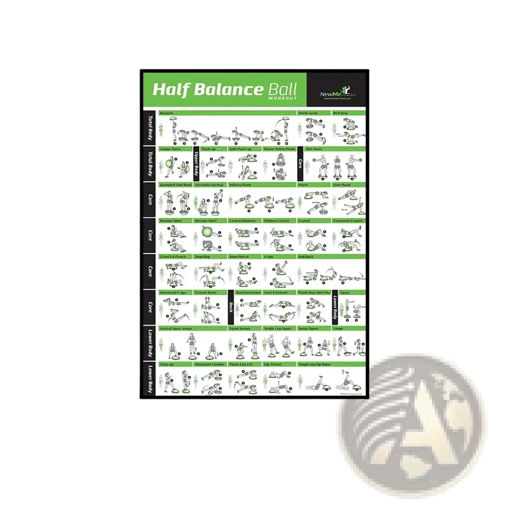 Pilates exercise chart canvas wall art fitness poster featuring green and black half balance ball workout illustrations