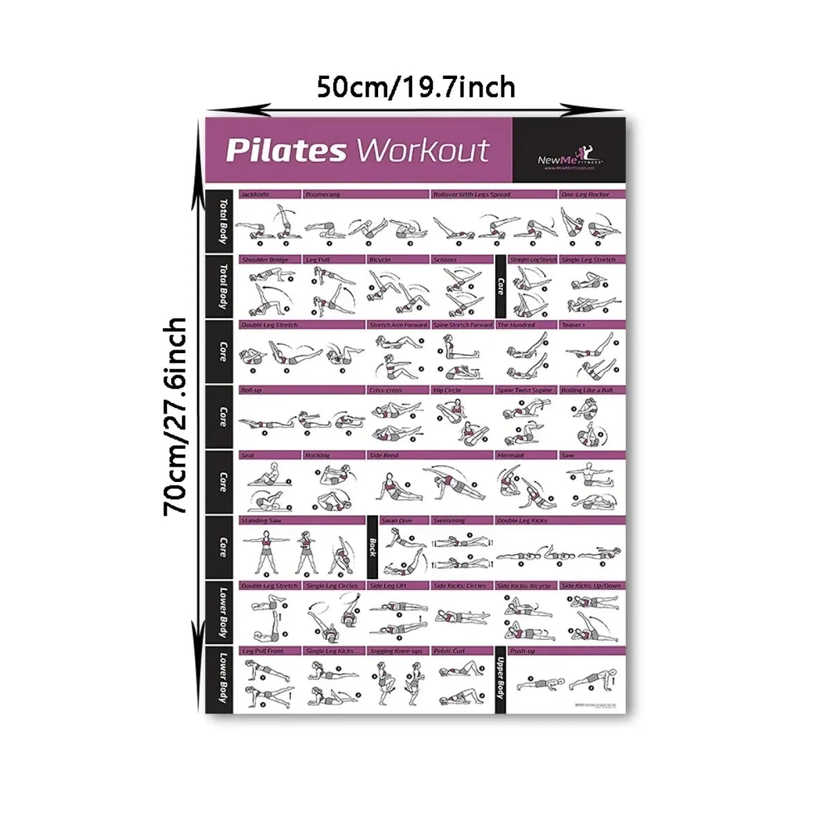 Purple and white pilates exercise chart canvas wall art fitness poster with black text and line drawings of exercises