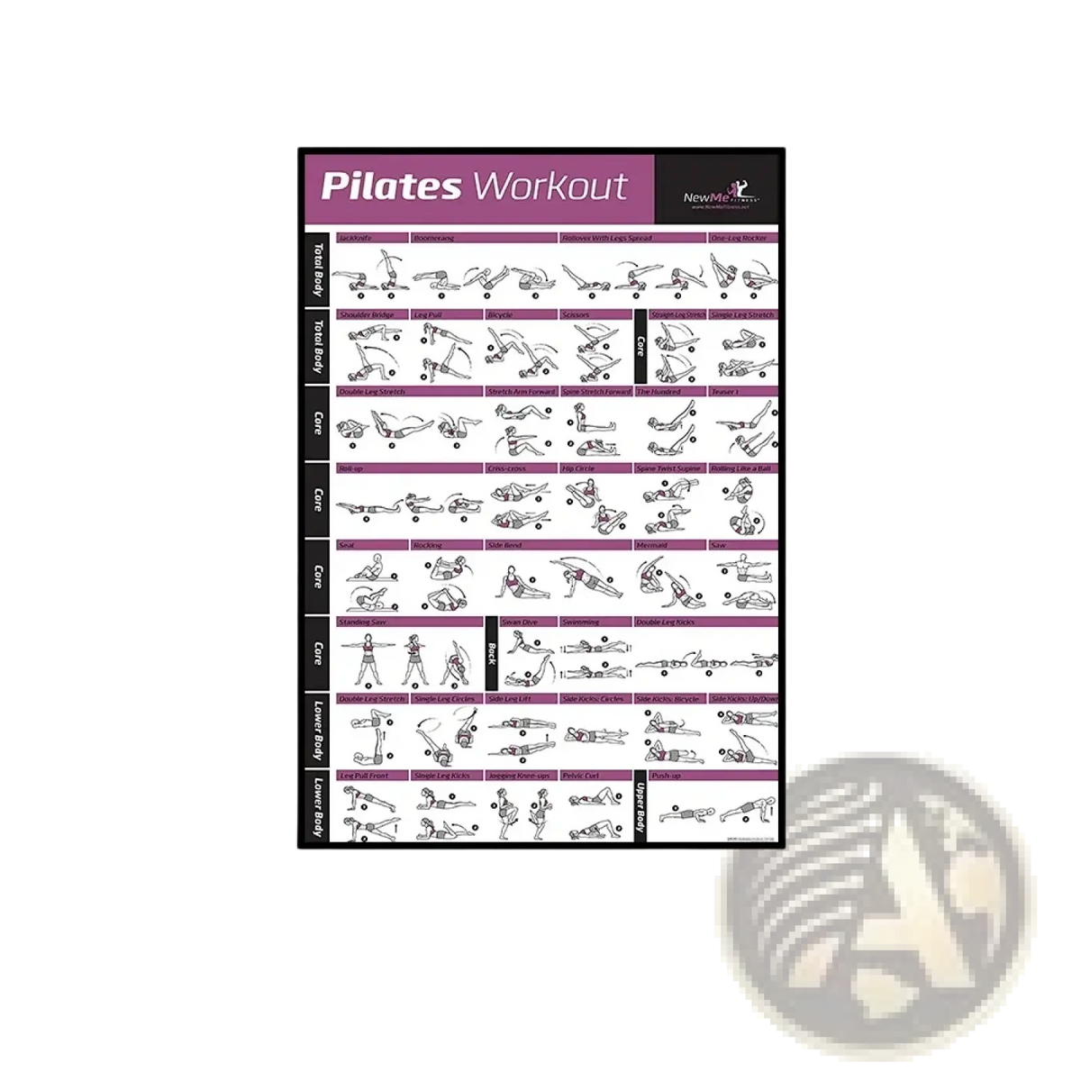 Purple and white pilates exercise chart canvas wall art featuring black line drawings organized by muscle group